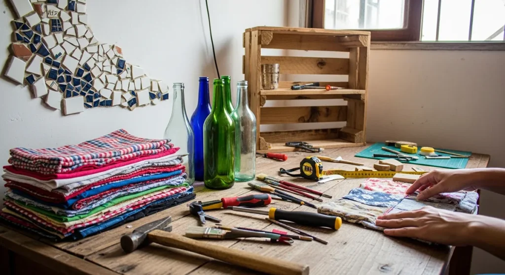 Projeto de decoração sustentável em andamento com reaproveitamento de materiais
