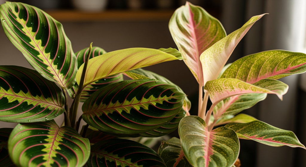 Detalhe de folhas de plantas que se adaptam à sombra em ambiente interno