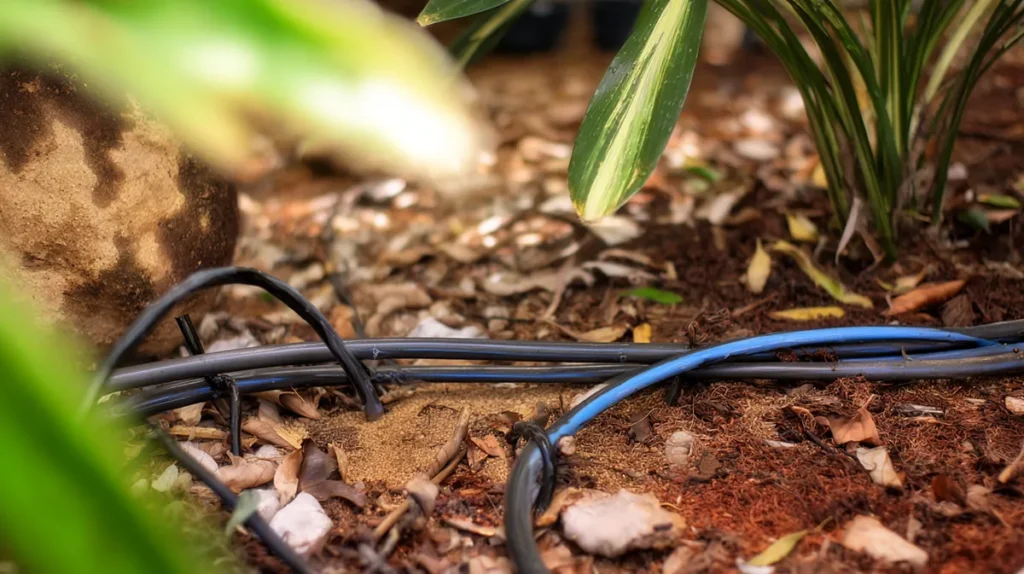 Sistema de irrigação por gotejamento em jardim doméstico para economizar água