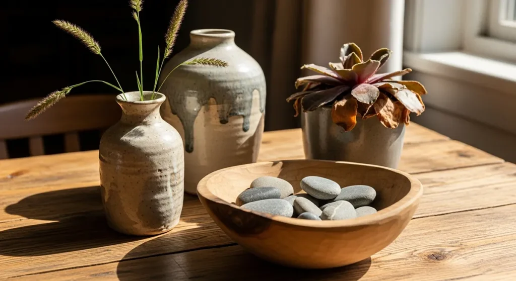 Materiais naturais como madeira, linho e cerâmica usados na decoração de mesa