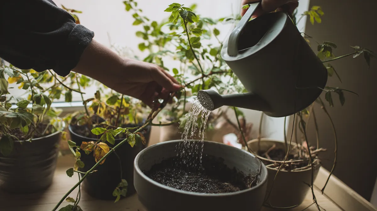 Regando plantas de interior com cuidado, verificando o vaso antes de adicionar mais água
