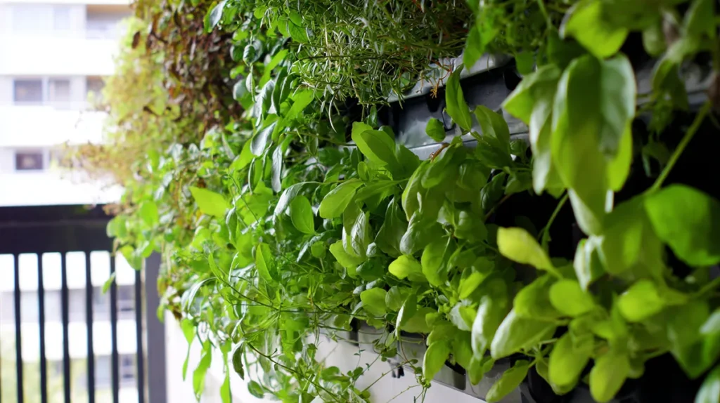 Sol direto incidindo nas folhas da horta vertical em apartamento
