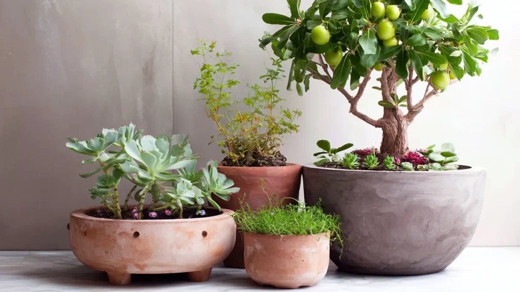 Exemplos de vasos adequados para suculentas, ervas e árvores frutíferas cultivadas em casa