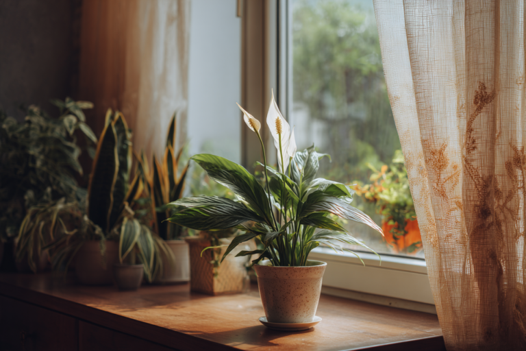 Sala iluminada com plantas que purificam o ar, como lírio-da-paz, espada-de-são-jorge e clorofito.