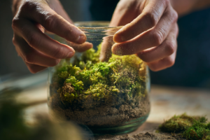 Terrários em vidro com musgos e suculentas sobre mesa de madeira