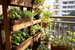 Horta vertical exuberante em uma varanda pequena de apartamento, com ervas, vegetais e flores crescendo em estruturas criativas.