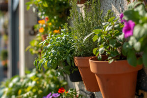 Horta vertical exuberante em uma varanda pequena de apartamento, com ervas, vegetais e flores crescendo em estruturas criativas.