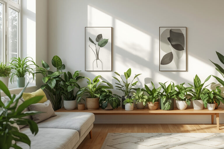 Vários tipos de plantas de fácil cuidado em um canto iluminado de um apartamento.