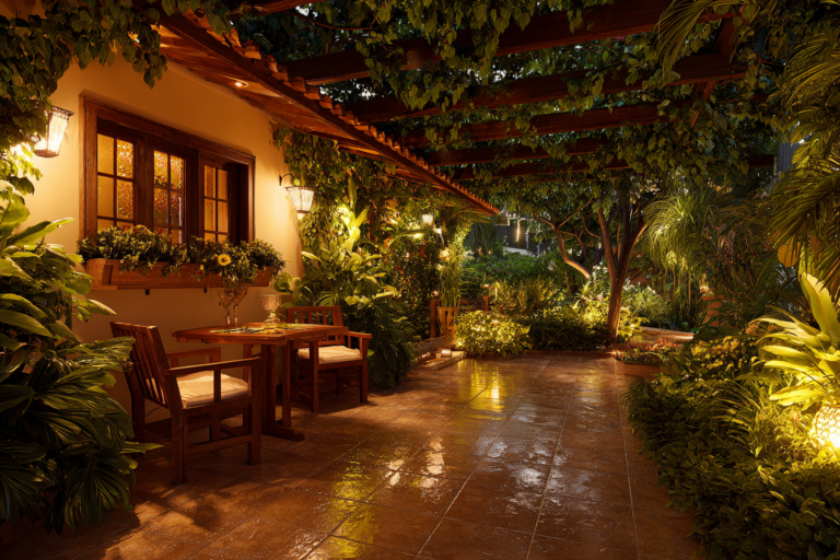 Jardim noturno com diferentes estilos iluminados de forma ideal.