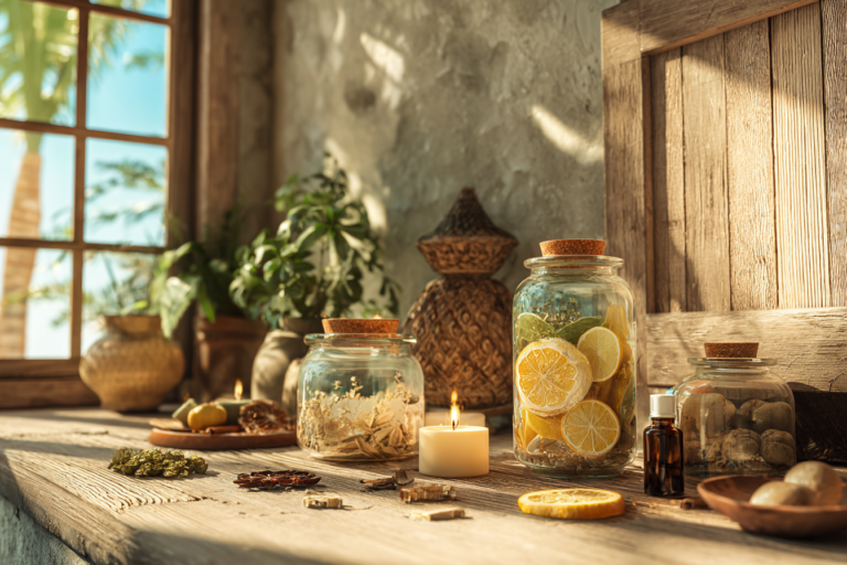 Sala de estar aconchegante com elementos de aromatização natural como difusores, ervas secas e velas.
