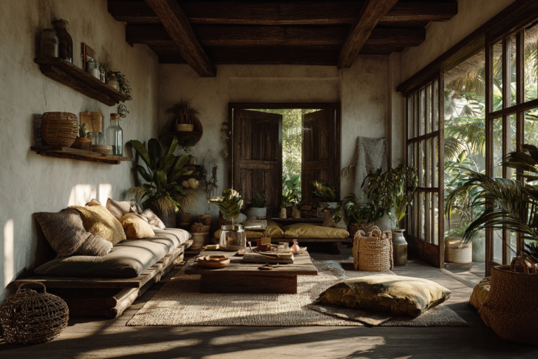 Sala de estar com decoração sustentável feita com paletes reaproveitados.
