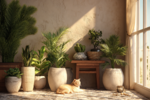 Sala com plantas e pets convivendo harmoniosamente.