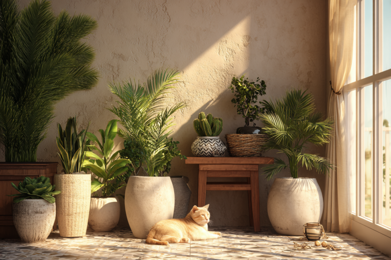 Sala com plantas e pets convivendo harmoniosamente.