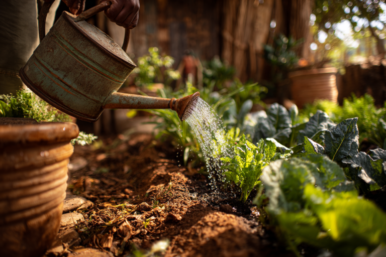 Horta sustentável com irrigação por gotejamento e coleta de água da chuva, maneiras práticas de economizar água no cultivo