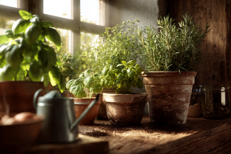 Como cultivar ervas aromaticas, fazer um horta de ervas aromáticas em casa com manjericão, alecrim e salsa à beira de uma janela ensolarada.