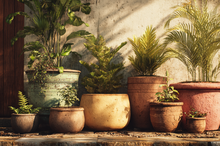 como escolher o vaso ideal para cada planta, com diferentes tipos de vasos e plantas em ambiente interno iluminado