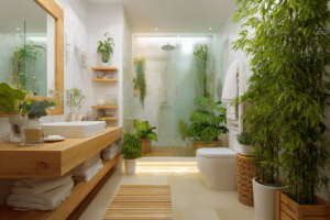 Banheiro moderno com plantas verdes e decoração ecológica.