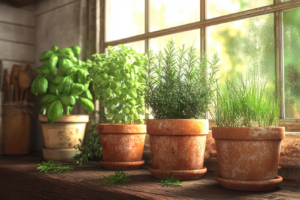 Como cultivar ervas aromaticas, fazer um horta de ervas aromáticas em casa com manjericão, alecrim e salsa à beira de uma janela ensolarada.