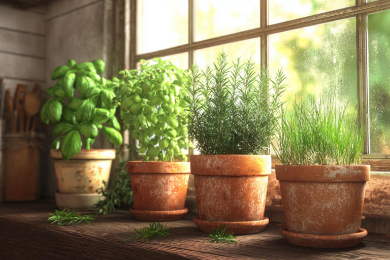 Como cultivar ervas aromaticas, fazer um horta de ervas aromáticas em casa com manjericão, alecrim e salsa à beira de uma janela ensolarada.