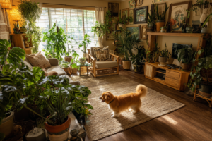 Sala com plantas e pets convivendo harmoniosamente.