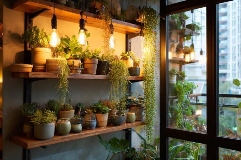 Jardim vertical moderno em sacada de apartamento com vasos coloridos e plantas verdes.