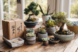 Presentes criativos com plantas, como bonsai, suculentas e terrários decorativos, em uma mesa rústica