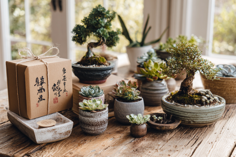 Presentes criativos com plantas, como bonsai, suculentas e terrários decorativos, em uma mesa rústica