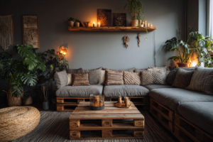 Sala de estar com decoração sustentável feita com paletes reaproveitados.
