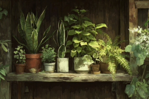 Cantinho interno com plantas que se adaptam bem à sombra.
