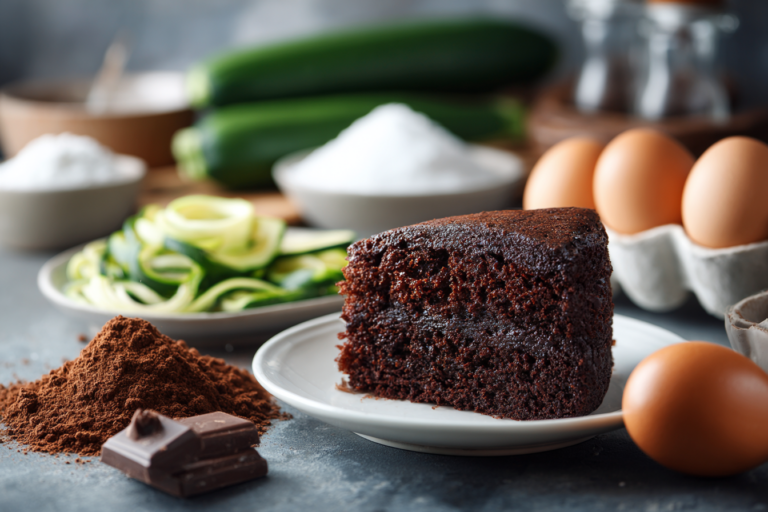 Fatia de bolo de chocolate com abobrinha sobre mesa rústica com utensílios de confeitaria.