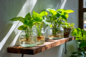 Jardim hidropônico com plantas crescendo em recipientes de vidro com água e raízes visíveis.