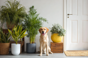 Sala com plantas seguras para pets e um gato relaxando entre elas