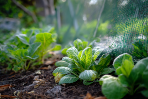 Jardim caseiro com plantas cobertas por mantas térmicas e cobertura de solo para proteção contra mudanças de temperatura.