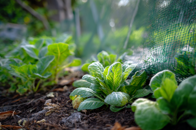 Jardim caseiro com plantas cobertas por mantas térmicas e cobertura de solo para proteção contra mudanças de temperatura.