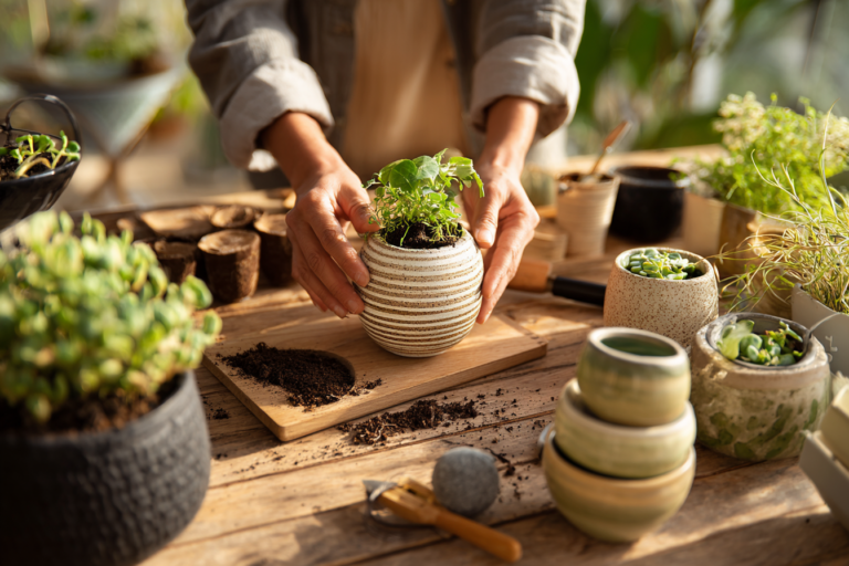 como escolher o vaso ideal para cada planta, com diferentes tipos de vasos e plantas em ambiente interno iluminado