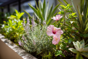 Jardim ensolarado com plantas resistentes ao sol