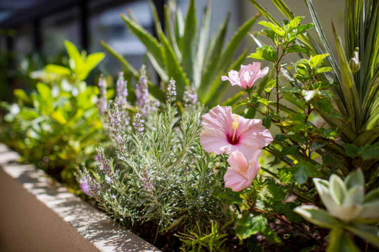 Jardim ensolarado com plantas resistentes ao sol