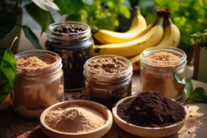 Ingredientes naturais usados como adubo caseiro em uma mesa de jardim