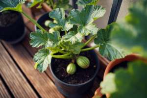 Vasos com abobrinhas sendo cultivadas em apartamentos, mostrando como plantar abobrinhas em ambientes pequenos com luz natural.