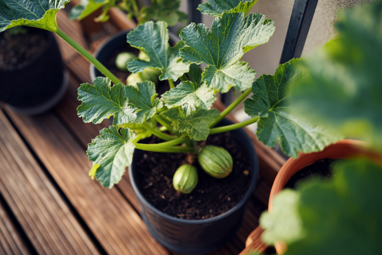 Vasos com abobrinhas sendo cultivadas em apartamentos, mostrando como plantar abobrinhas em ambientes pequenos com luz natural.