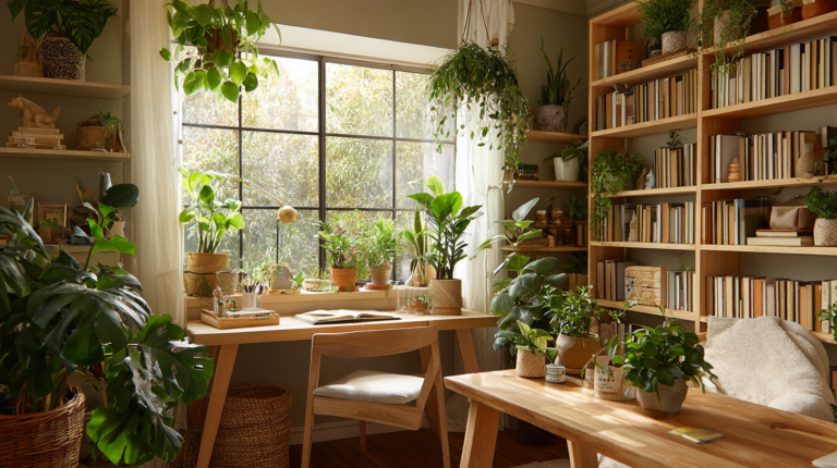 Escritório moderno e iluminado com plantas decorativas em destaque.