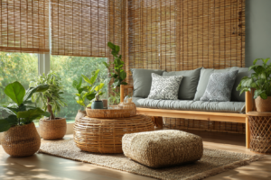 Sala de estar sustentável com móveis reciclados e plantas naturais