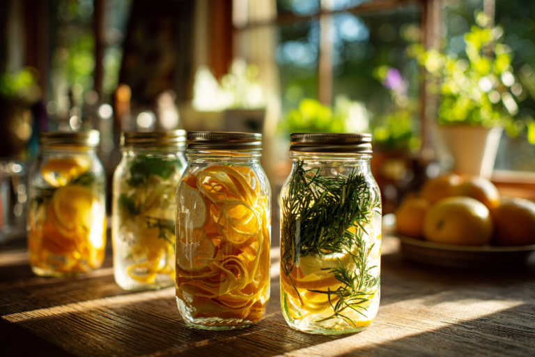 Sala de estar aconchegante com elementos de aromatização natural como difusores, ervas secas e velas.