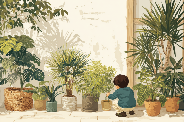 Criança brincando próxima a plantas seguras e não tóxicas dentro de casa.