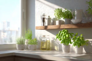 Horta de ervas frescas em uma cozinha moderna com luz natural.
