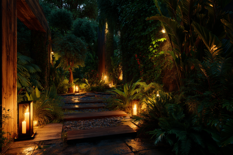 Jardim noturno com diferentes estilos iluminados de forma ideal.