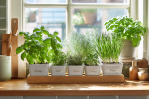 Temperos como manjericão e alecrim cultivados em vasos na janela de uma cozinha pequena.