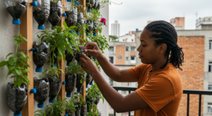 Jardim vertical econômico feito com materiais reciclados em varanda de apartamento no Brasil.