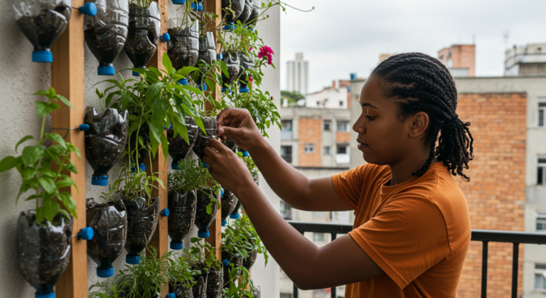 Jardim vertical econômico feito com materiais reciclados em varanda de apartamento no Brasil.