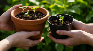 Comparação entre vaso de barro e vaso de plástico com plantas.